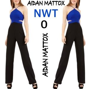 NWT (0) AIDAN MATTOX Royal blue halter high waist party romper pantsuit black